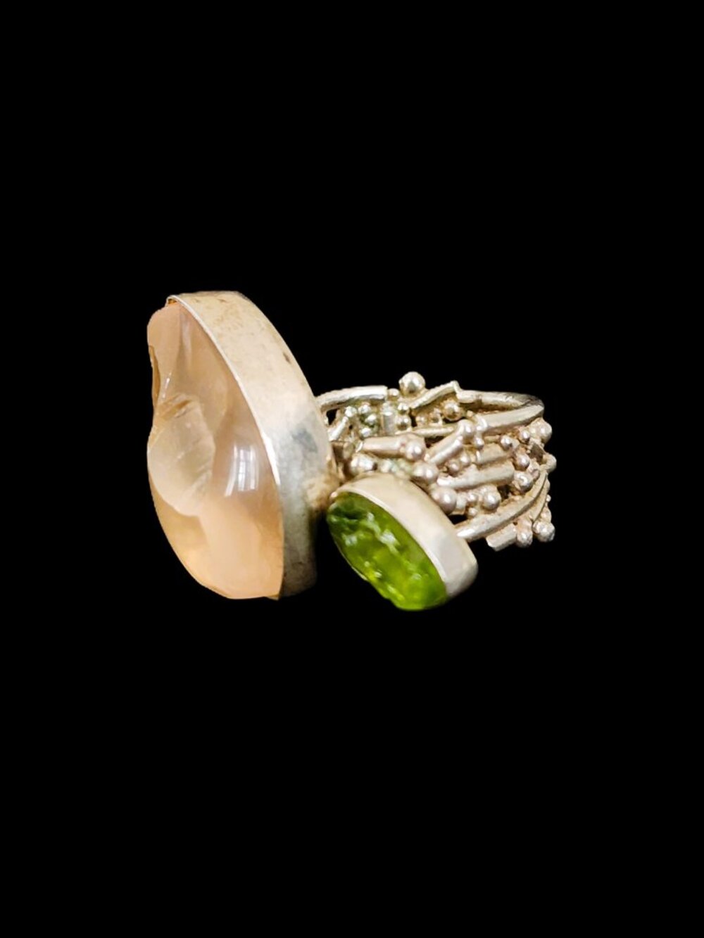 Vintage 80s Sterling Silver Brutalist Raw Peach Quartz Peridot Ring Size 7 / 14g